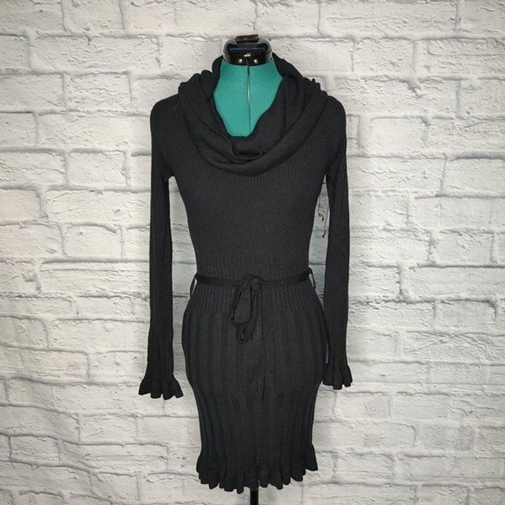 NWT $210 bcbgmaxazria women's black knit shawl neck belted long sleeve dress S